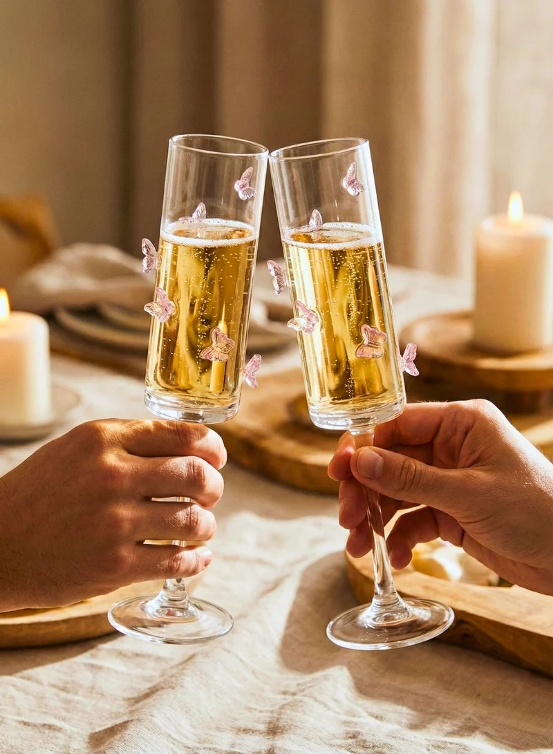 1Chase  Champagne Flute Glasses with Butterfly Design, 180ML Elegant Stemware Set of 2, Clear Glass Sparkling Wine, Prosecco Glasses  | Best Price UAE